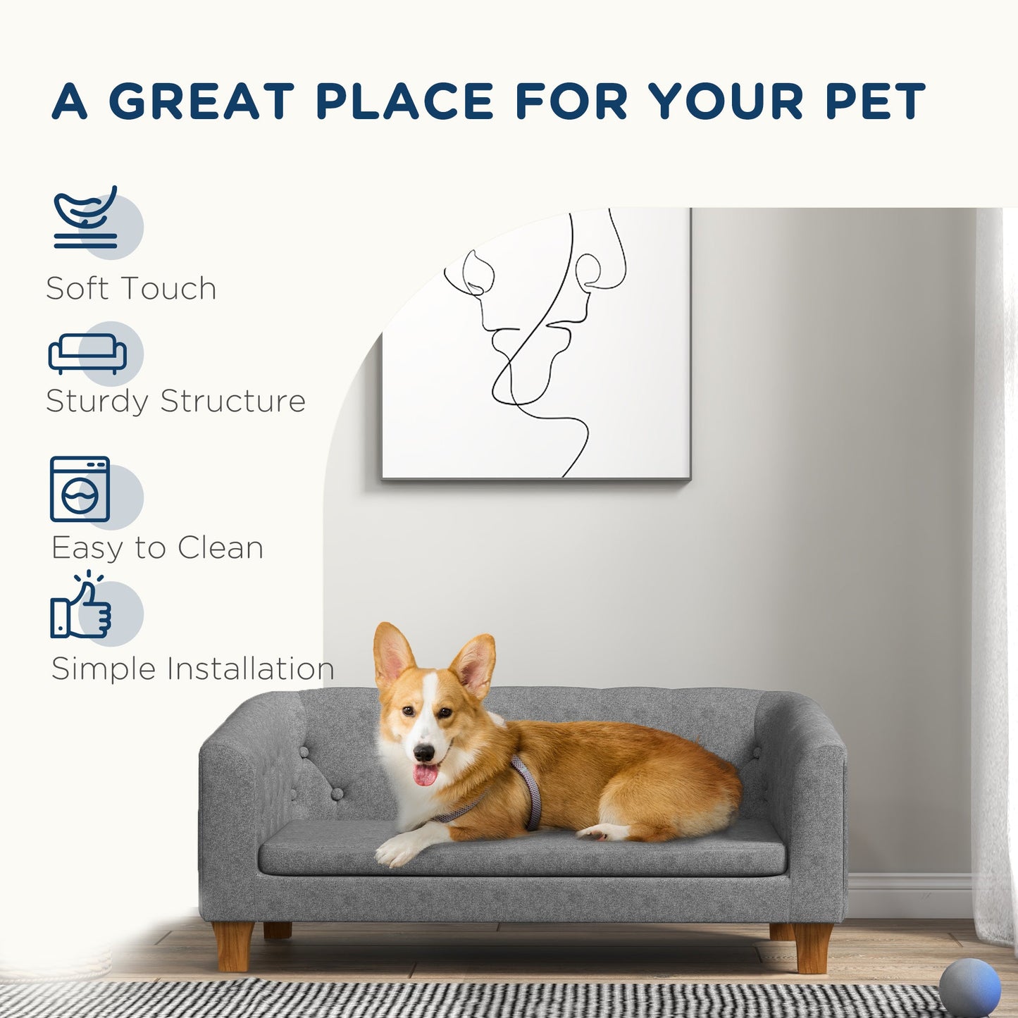 Dog Sofa Bed, Elevated Dog Couch for Small and Medium Dogs, with Soft Cushion, Removable and Washable Cover, Anti-slip Pads, Grey-4